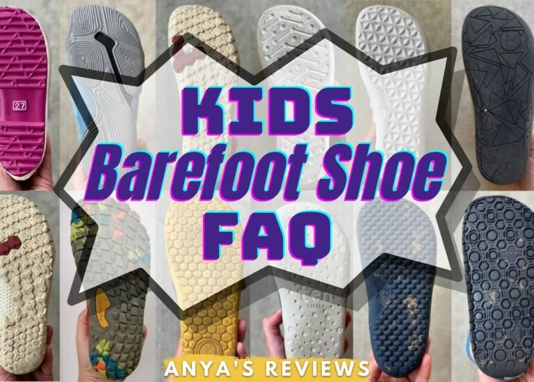 A collage of different outsoles of kids barefoot shoes to show their foot shape with the text "Kids Barefoot Shoe FAQ, Anya's Reviews" written over the top