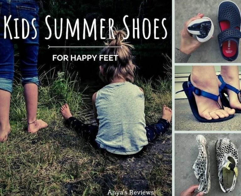 Thumbnail size - A collage showing two barefoot kids and then 3 barefoot sandals - Reima, Unshoes Keota, Vivobarefoot Ultra and the text "Kids Summer Shoes for Happy Feet, Anya's Reviews"