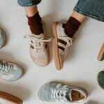 A top down view of colorful stylish wide toe box