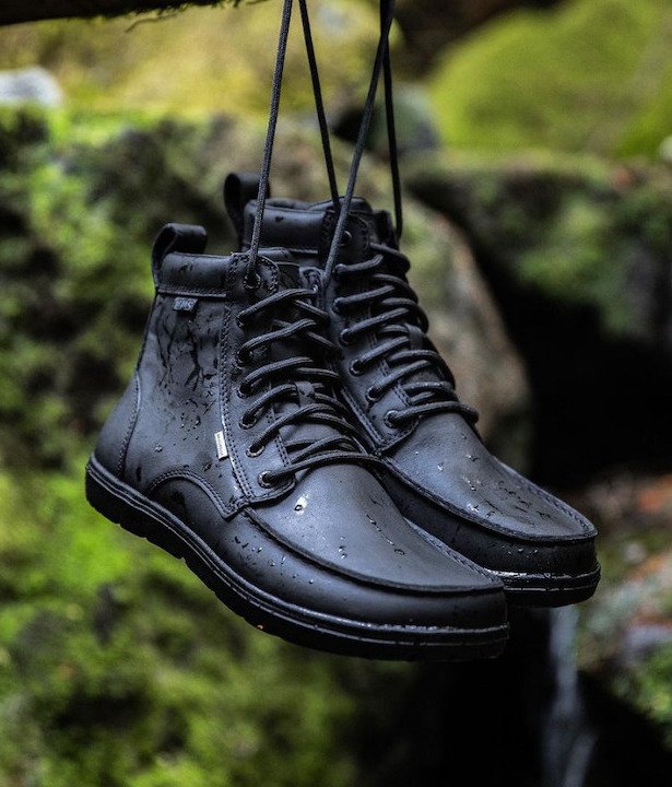 A pair of Lems Boulder Mid boots hanging in a tree from the laces. a blurry greenery out door background.