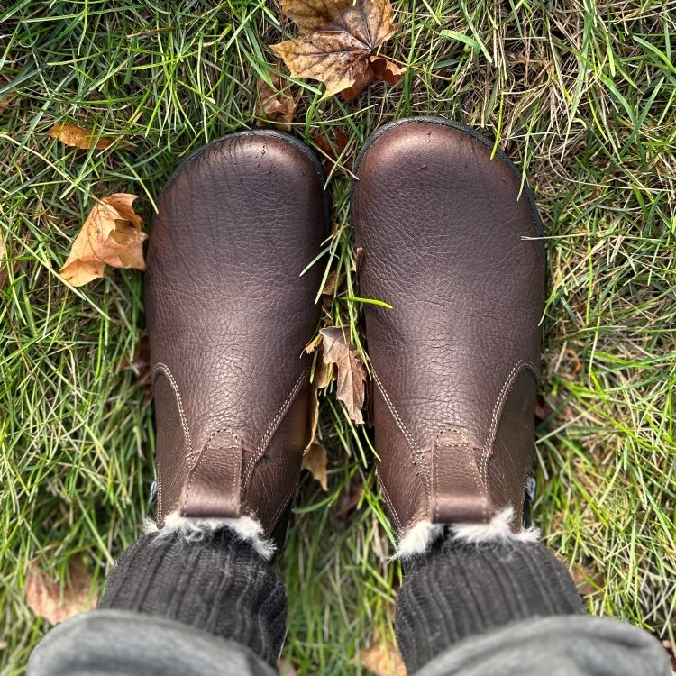 Top down view of a pair of legs in Lems Shoes Chelsea Tuff wide toe box boots with a warm collar lining