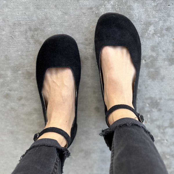Top down view of Lisbeth Joe Harare flats in black suede with optional ankle strap