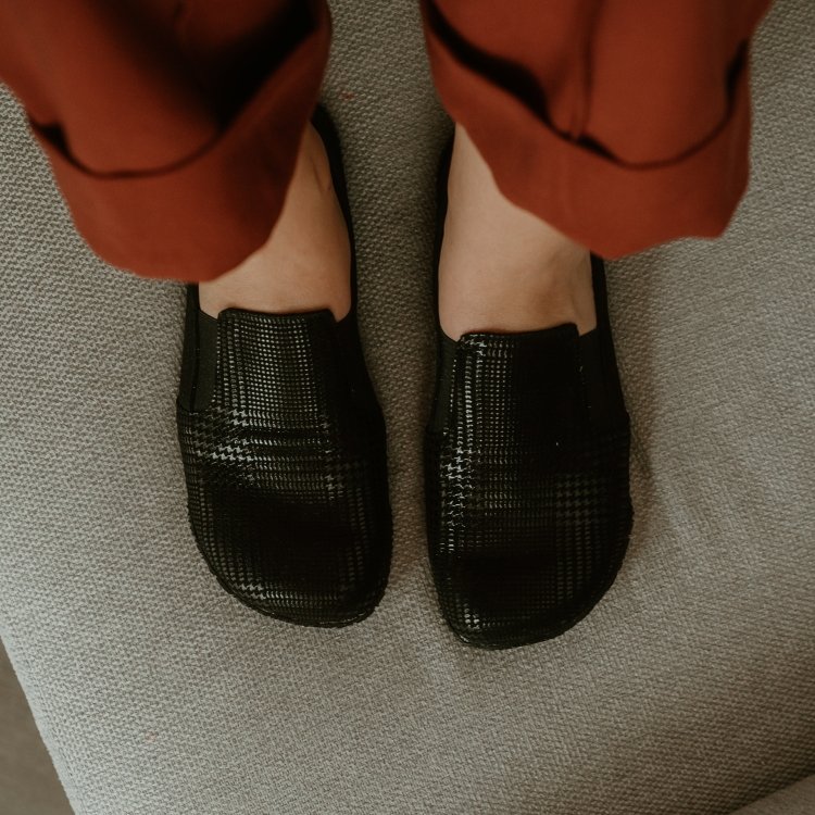 Top down view of black plaid Peerko trim barefoot loafers to show the wide toe box