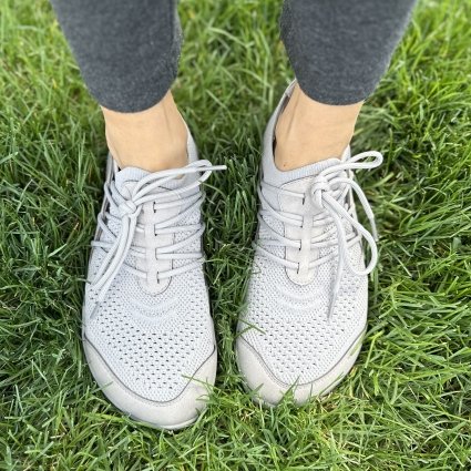Top down view of wide toe box barefoot running shoes from Lono Wear. The mesh stretchy sneakers are comfortable and affordable