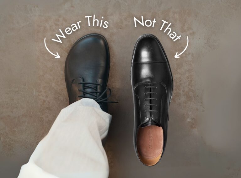 A side by side collage of a man's foot wearing a wide toe box men's barefoot dress shoe from Be Lenka next to a traditional black dress shoe with a pointy narrow toe box, with the text "wear this, not that" above it
