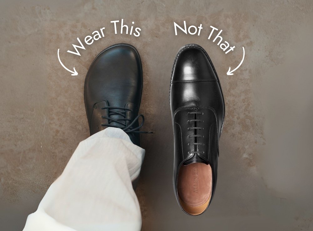 A side by side collage of a man's foot wearing a wide toe box men's barefoot dress shoe from Be Lenka next to a traditional black dress shoe with a pointy narrow toe box, with the text "wear this, not that" above it