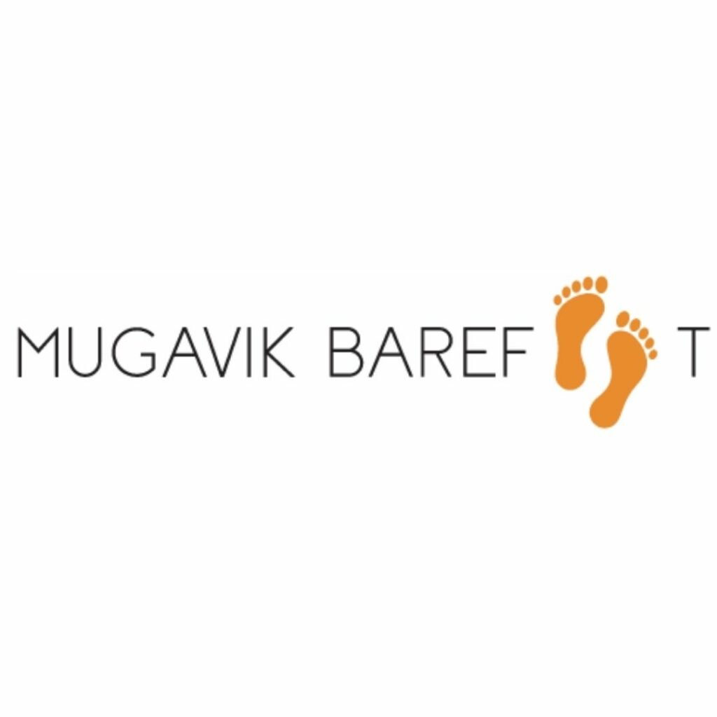A plain white square with the text "Mugavik Barefoot" on it with two orange footprints