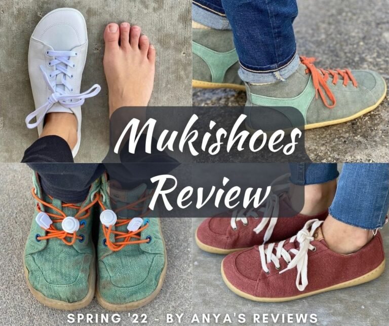 A photo collage of 4 different Mukishoes barefoot sneakers - the Raw Leather Cloud in white, the Ivy Hightop in green, the Mini Moss Kids in green, and the Saffron in rust, with the text "Mukishoes Review, Spring '22 - by Anya's Reviews" on top of the collage
