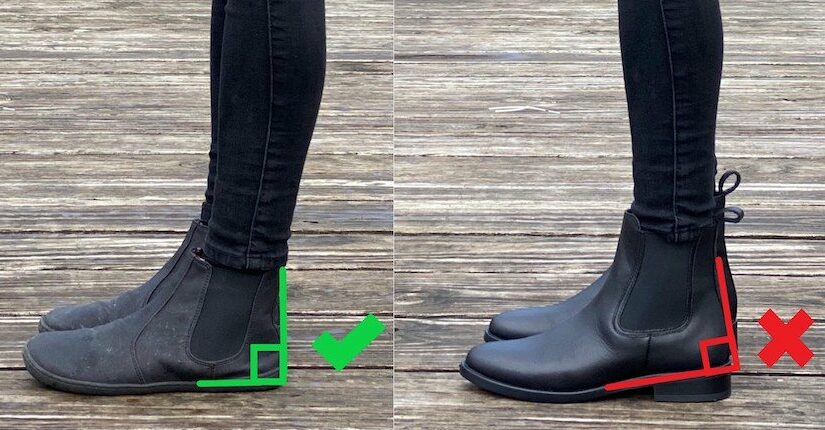 A side by side comparison of a person wearing two different chelsea boots - one is zero drop and flat with no heel, the other has a heel that pushes the person forward