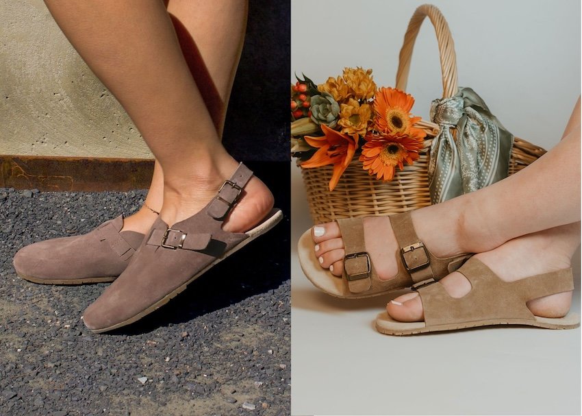 Side by side collage of Mukishoes Clogs and double strap buckle barefoot sandals