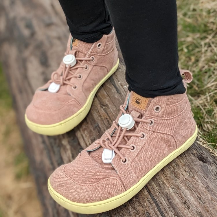 Close up view of Mukishoes Hope Kids Barefoot sneakers made from naturally dyed cotton with anatomic toe box and zero drop sole