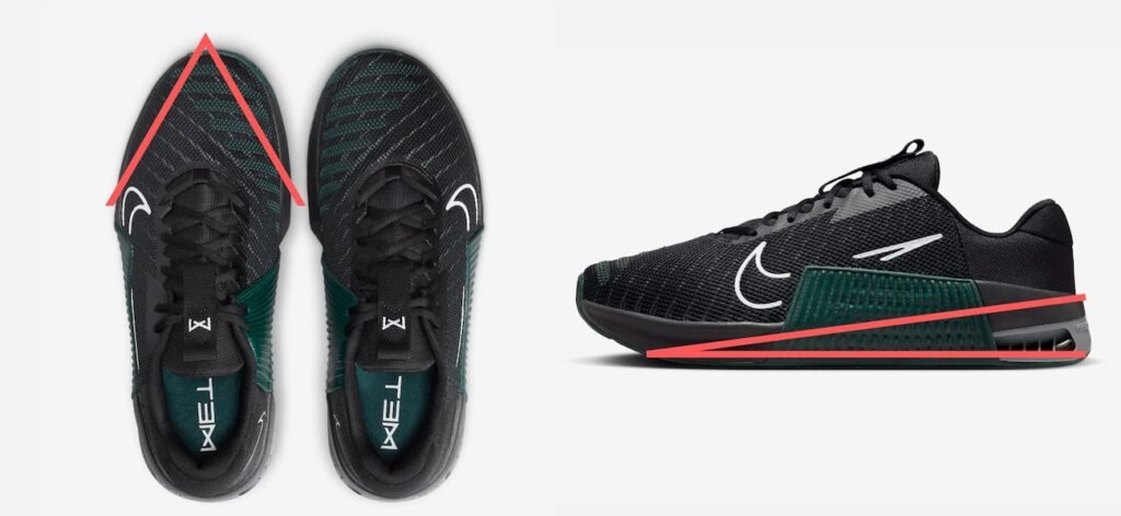 A side by side collage of the Nike Metcon gym trainer shoes showing that the toe box is narrow and pointy and the outsole is cushioned and raised with a heel lift