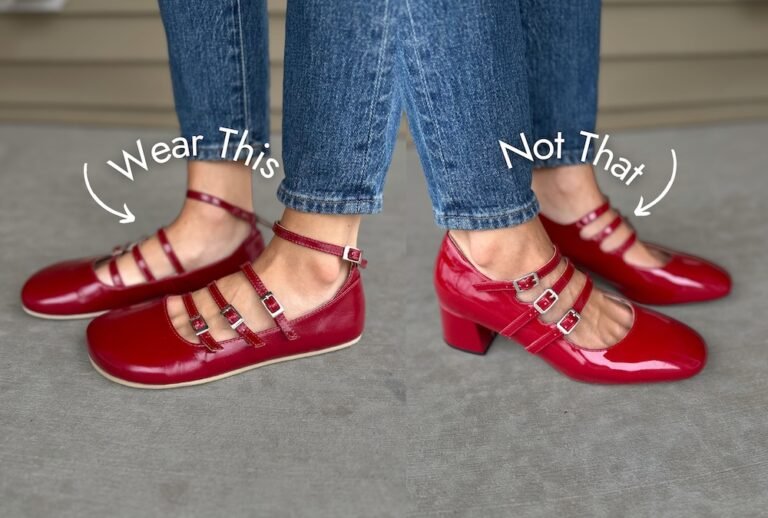 A woman's legs wearing 2 similar shoes standing in a mirror image to highlight the similarities and differences. Text reading Wear This with an arrow pointing to Origo Mary Janes in patent red with 4 buckles is on the left and the right shows a heeled pointed toe conventional shoe in the same patent red with buckle straps. Text reading Not That with an arrow is pointing to the conventional shoe.