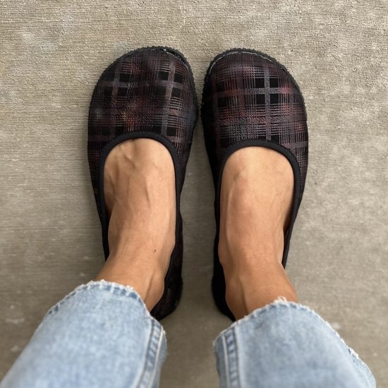 Top down view of Peerko Petite barefoot ballet flat in a fun plaid color