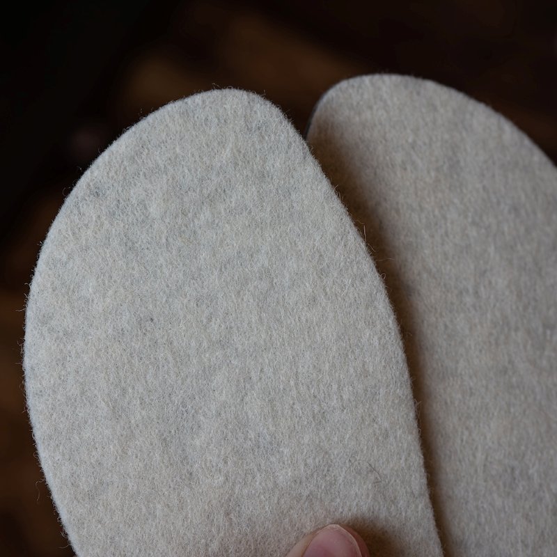 Close up view of Peerko wool insoles for extra warmth in barefoot shoes