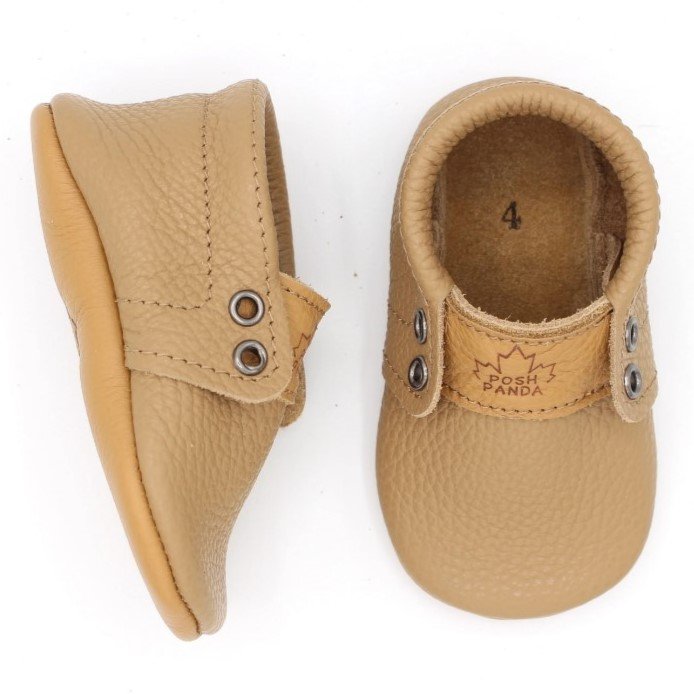 Posh Panda handmade in Canada soft sole baby moccasins with eyelet details