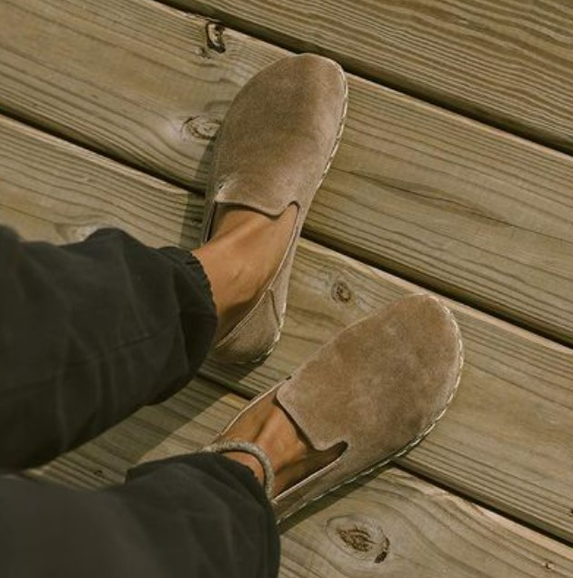 Top down view of Raum Goods casual suede slip ons with barefoot shape and zero drop sole