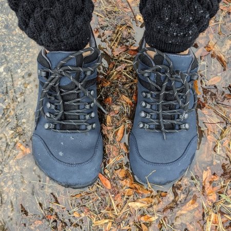 Top down view of Realfoot Trekker Low extra wide barefoot hiking shoes with waterproof membrane and gusseted tongue