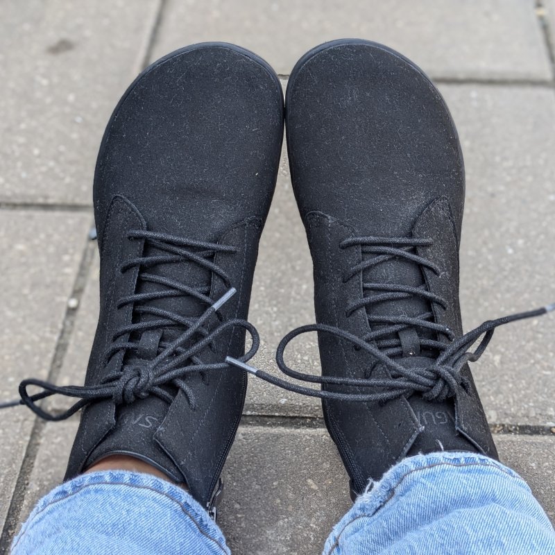Top view of a pair of affordable barefoot combat boots with a wide toe box from Saguaro Shoes.
