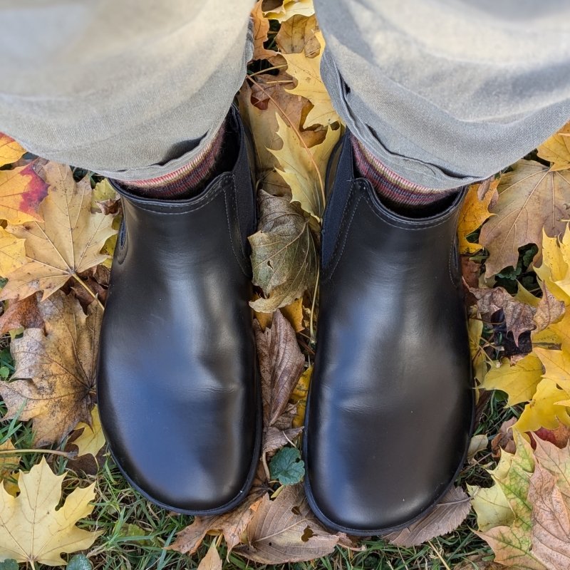 Top down view of a pair of smooth black simple barefoot chelsea boots - the Saguaro Urban is being worn on top of yellow fall leaves with faded green pants