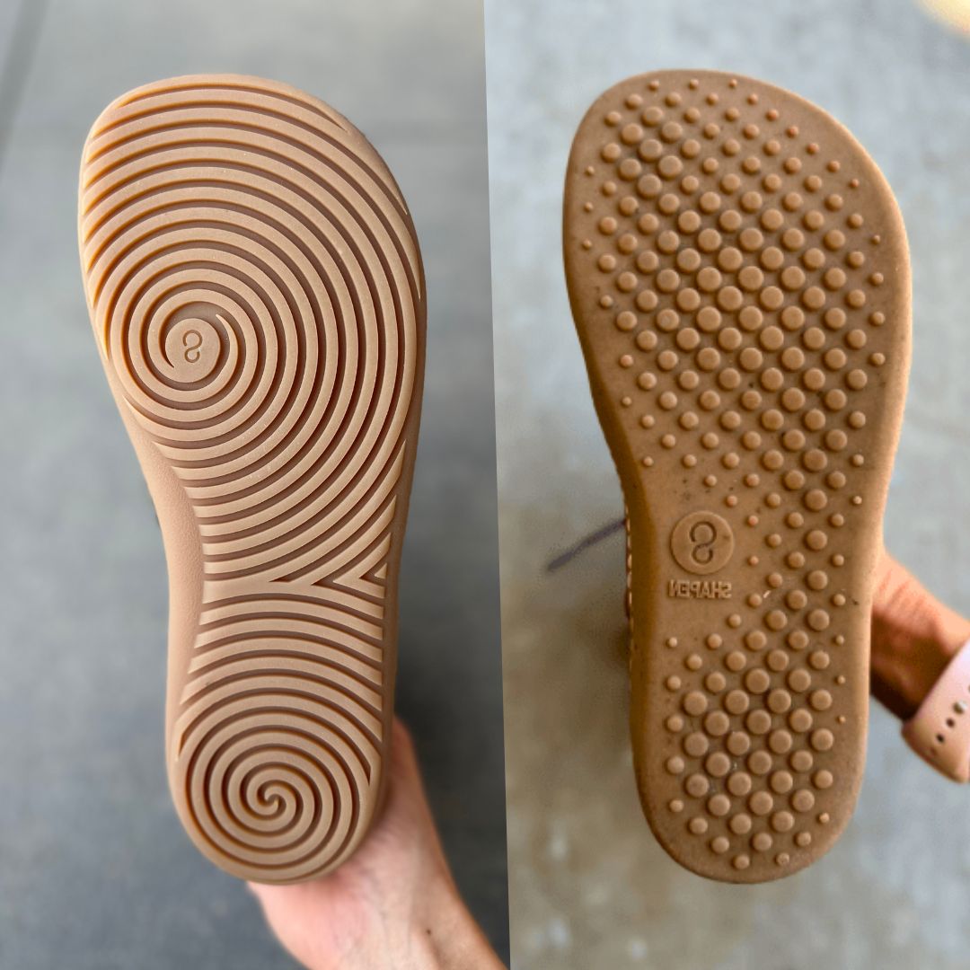 A collage showing the two different outsole types on Shapen Barefoot boots - the lifestyle outsole and the winter outsole with more traction and tread. Both have a wide toe box