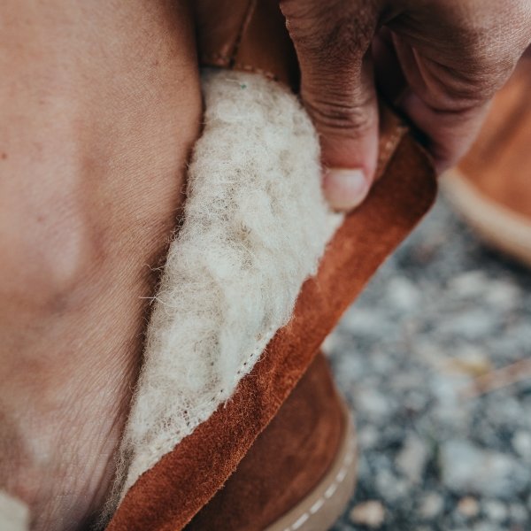 Close up of shapen cozy warm barefoot boot lining for winter 2023