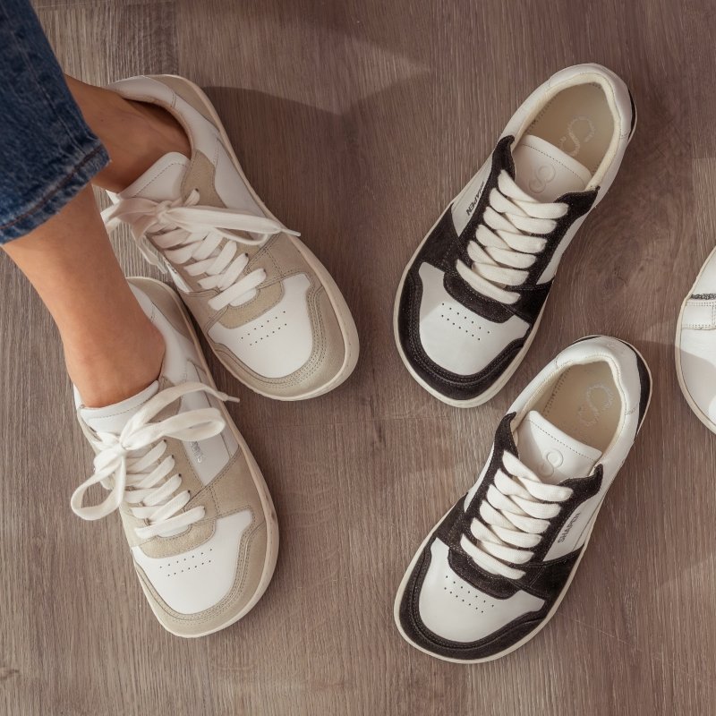 Top birds eye view of Shapen Rewind super soft leather wide toe box sneakers with neutral accents
