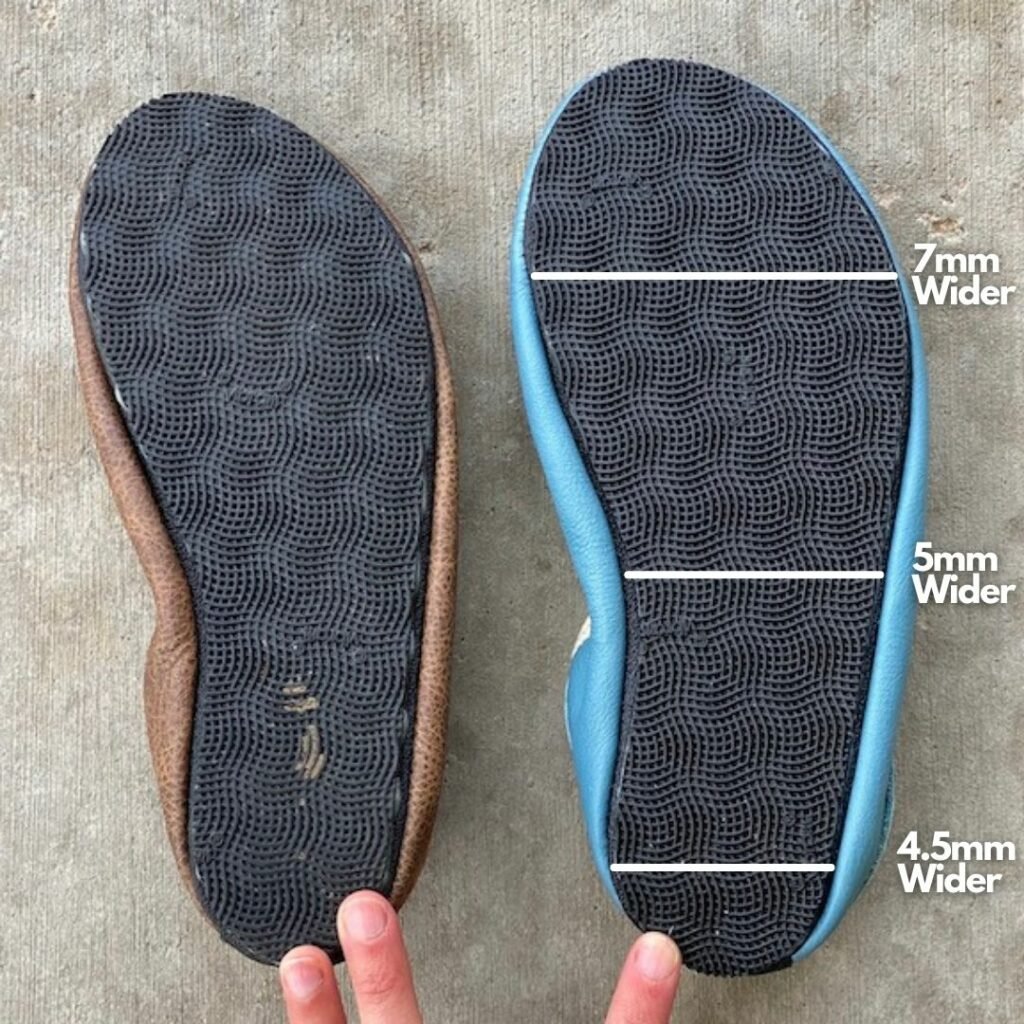 An anotated image of the Soles on Softstar Ballerine flats in Regular and Wide. The Wide width is 7mm wider across the ball, 5mm at the mid foot, and 4.5mm at the heel