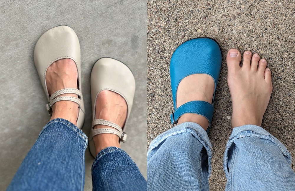 A side by side collage of two different women wearing Softstar Merry Jane flats customized with leather options, suitable for extra wide feet
