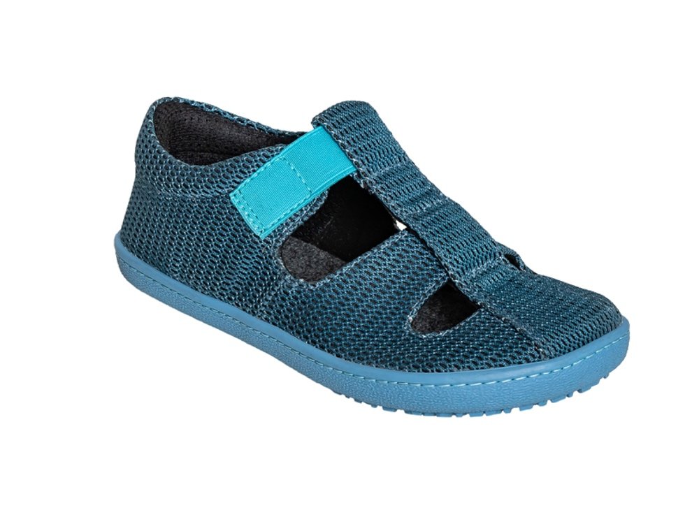 Stock Image of teal textile barefoot zero drop wide sandals from Sole Runner
