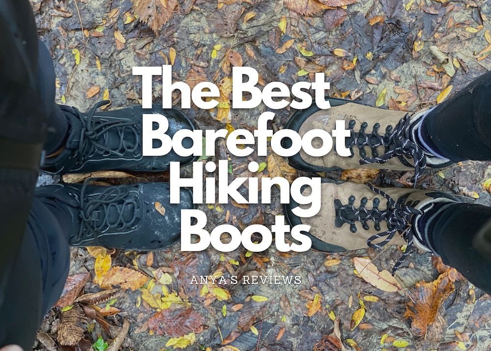 A top down view of two pairs of feet wearing barefoot hiking boots and standing on muddy ground with the test "The Best Barefoot Hiking Boots, Anya's Reviews" written over it