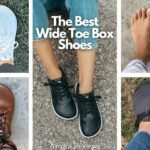 a collage of 5 different wide toe box shoes that leave plenty of space for your toes to splay out naturally but that aren't barefoot shoes. Flux Runner, AHinsa Comfort, Barebarics Zing, Birkenstock, and Bedrock Clogs