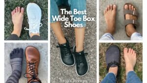 a collage of 5 different wide toe box shoes that leave plenty of space for your toes to splay out naturally but that aren't barefoot shoes. Flux Runner, AHinsa Comfort, Barebarics Zing, Birkenstock, and Bedrock Clogs