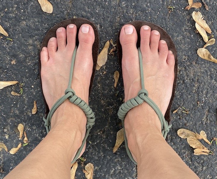 Top down view of Chala Classic barefoot sandals with sage laces.