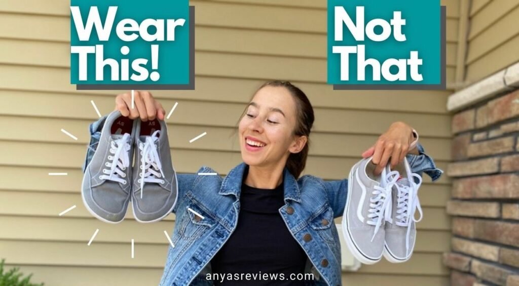 A woman holding up two similar pairs of sneakers - Splay and Vans. She is looking at the Splay shoes and smiling. The text blocks read "Wear This!" over splay and "Not That" over the Vans.