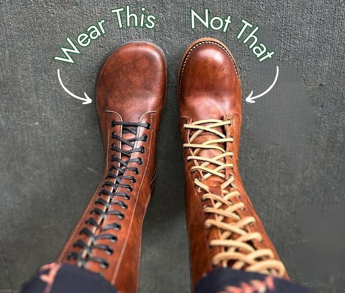 A close up top down view of a person's feet wearing tall brown leather lace up boots and a floral skirt. On the left is a Peerko Empire barefoot wide toe box boot in Brandy with the text "wear this", on the right is Freebird Grany boot with a narrow toe box with the text "not that"