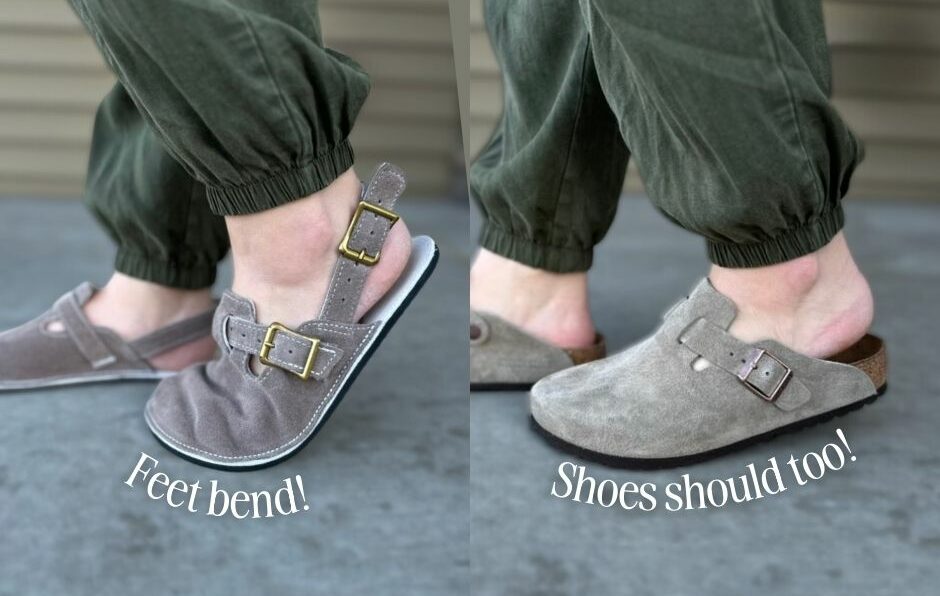 A side by side of the same person wearing two different types of clogs. First if a barefoot clog that is very flexible and bends with the foot. Underneath it is the text "Feet bend!" On the right she is wearing a Birkenstock Boston clog that is very rigid and doesn't bend with her feet as she steps and underneath is the text "shoes should too!"