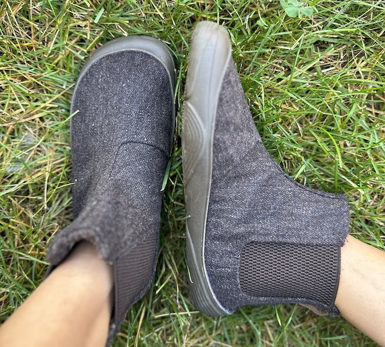 Top down and side view of Wildling Shoes Bruklin wool slip-on sustainable barefoot chelsea boots