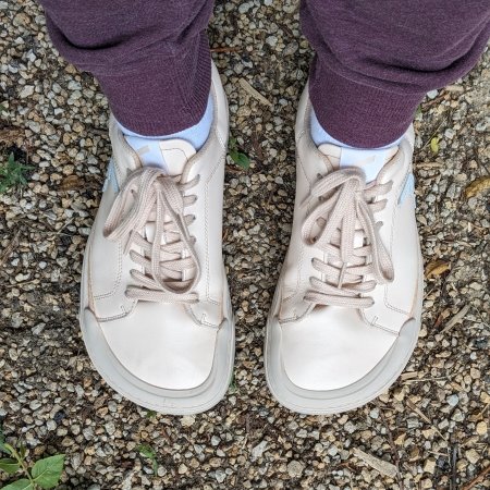 Top down view of extra wide toe box Wyde Footwear Arcus sneakers with an anatomical shape.