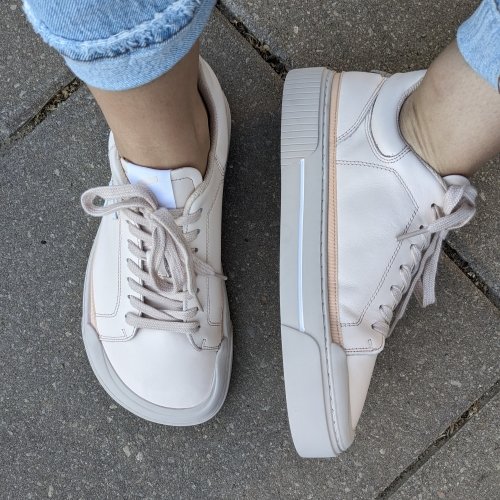 Close up top down and side view of illusion chunky outsole sneakers with an extra wide shape and zero drop cushioned outsole