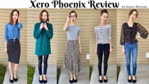 A 5 photo collage of the same woman wearing 5 different outfits with Xero Shoes Phoenix black knit dress flats. The text at the top reads, "Xero Phoenix Review by Anya's Reviews"