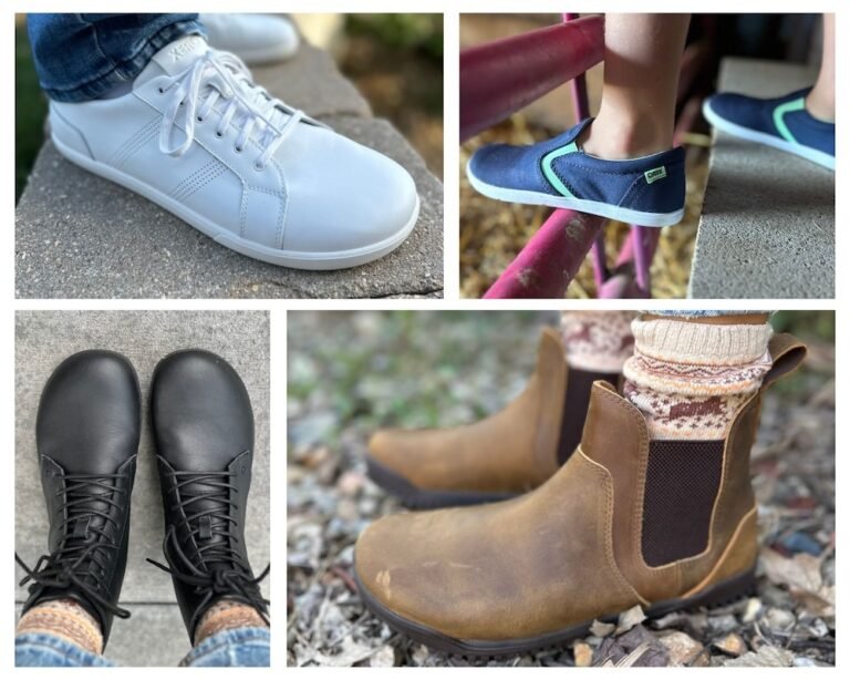 Collage of Xero Shoes Fall 2024 barefoot shoe models including kids slip on sneakers, men's white sneakers, black lace up boots, and brown chelsea boots