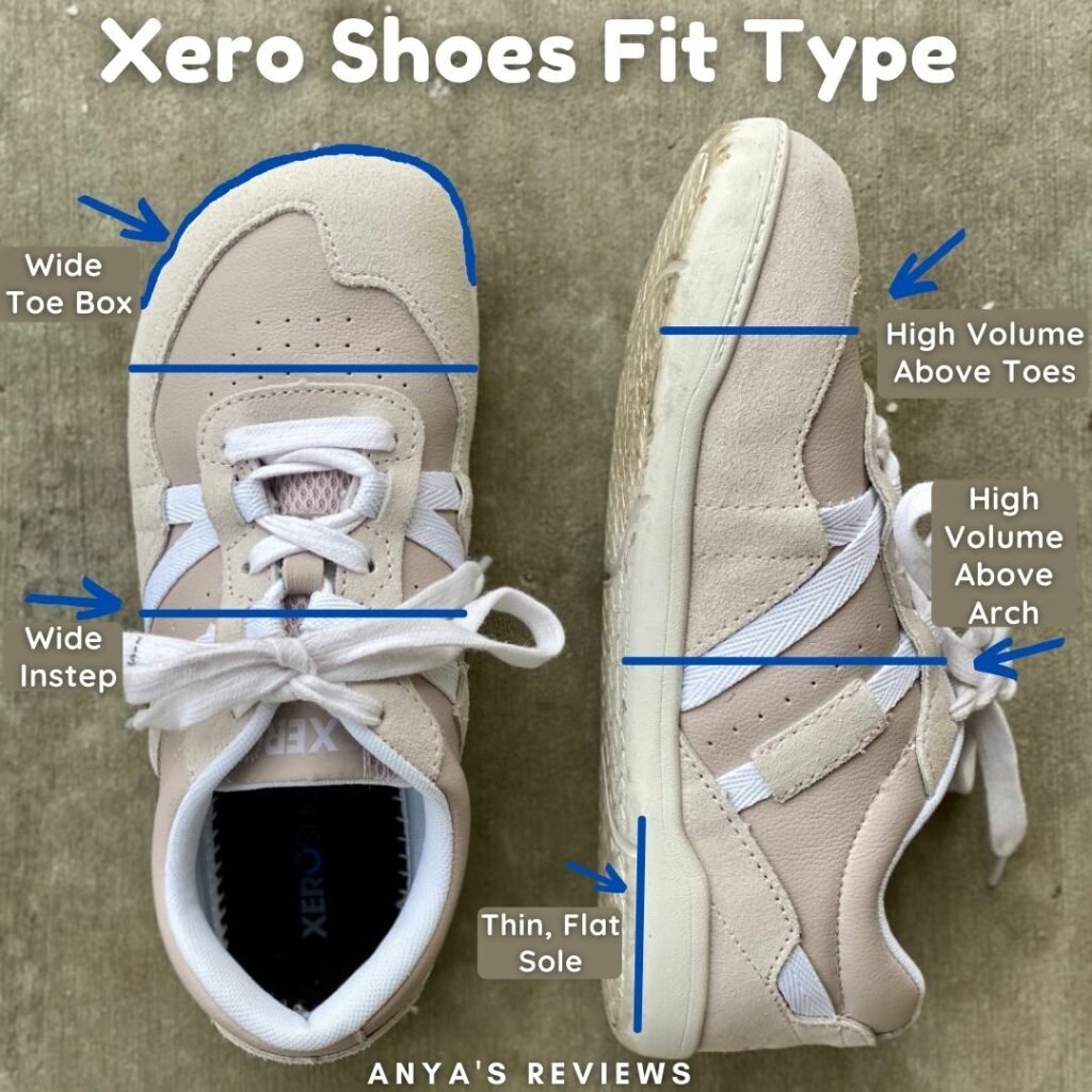 An annotated image of the Xero Shoes Kelso barefoot sneaker with the text "Xero Shoes Fit Type" and arrows demonstrating the wide toe box, wide instep, and high volume fit of the shoe. with "Anya's Reviews" at the bottom
