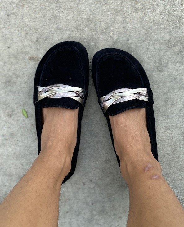 Zaqq Qerp barefoot loafers top down view showing black suede and braided gold leather accents