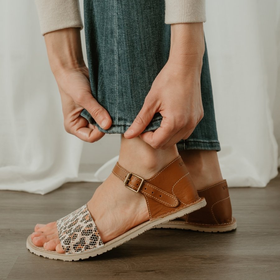 Side close up view of Zeazoo Siren in medium brown and Leopard leather on a flexible zero drop outsole for all day wear.