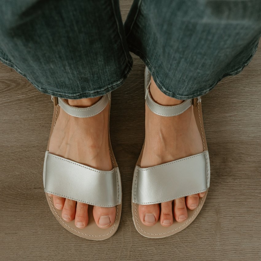 Top down view of Zeazoo Siren in Silver leather. Handmade barefoot sandals with a wide toe box