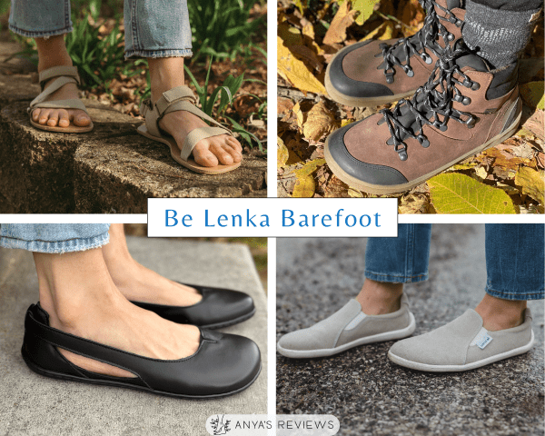 Be Lenka Barefoot four photo collage of the best barefoot and minimalist shoe brands showcasing a range of zero drop flexible extra wide shoes from Be Lenka Barefoot