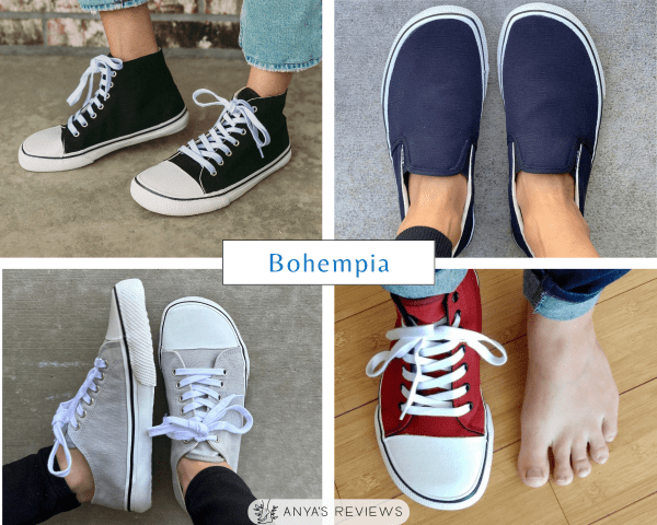 Bohempia barefoot shoes, and all time best brand with two widths shown in a four photo collage of slip ons, low top lace up barefoot shoes, and high tops all on a flexible zero drop outsole with vegan hemp uppers