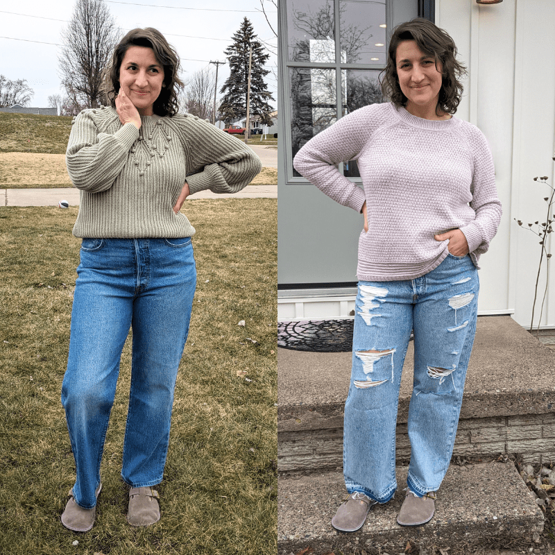 Side by side collage of the same woman in 2 outfits featuring sweaters, wide leg jeans, and barefoot clog alternative to birkenstocks from Butterfly Your World