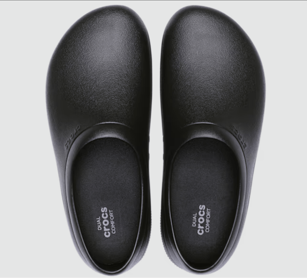 Top down work Croc clogs with smooth black uppers and wide toe box